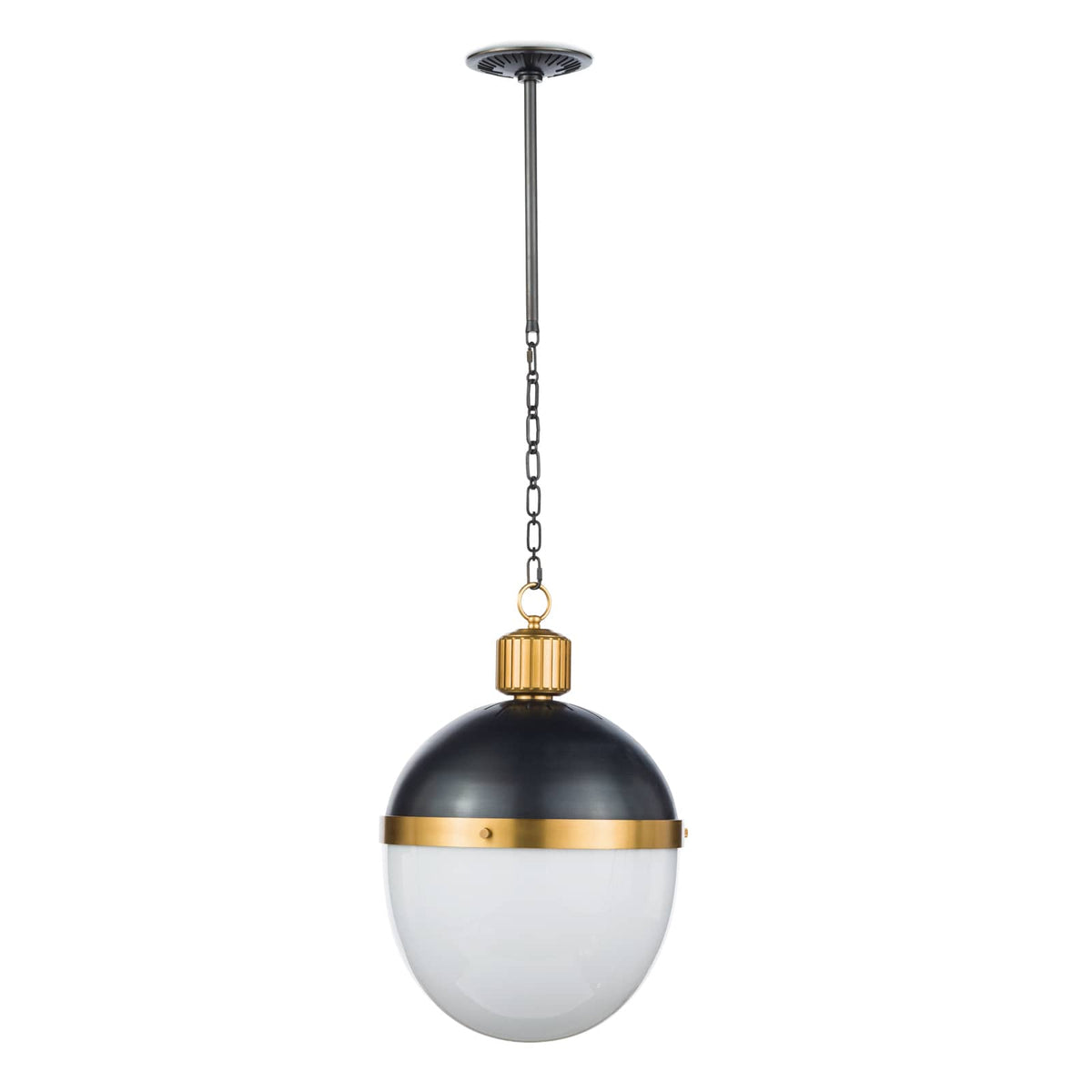 Otis Medium Blackened Natural Brass Pendant with a bold black metal dome and translucent white milk glass globe.