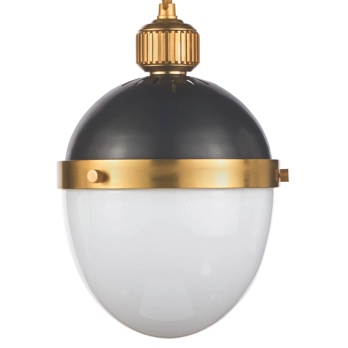 Otis Small Pendant with blackened natural brass and a white milk glass globe.