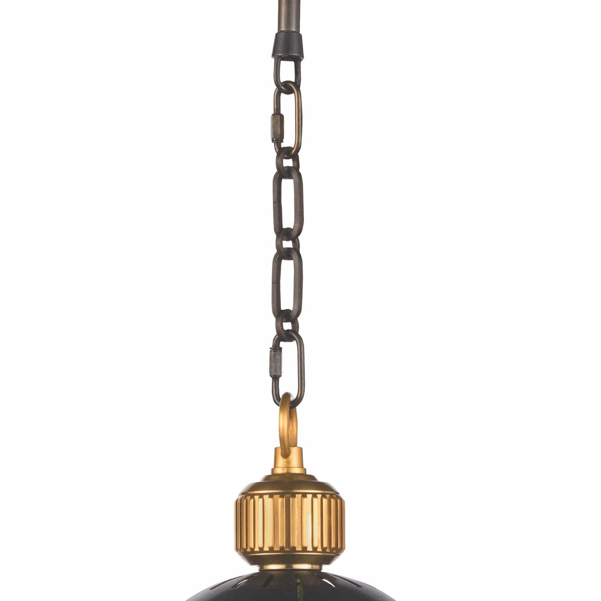 Otis Small Blackened Natural Brass Pendant with a dark metal chain and ribbed brass top.