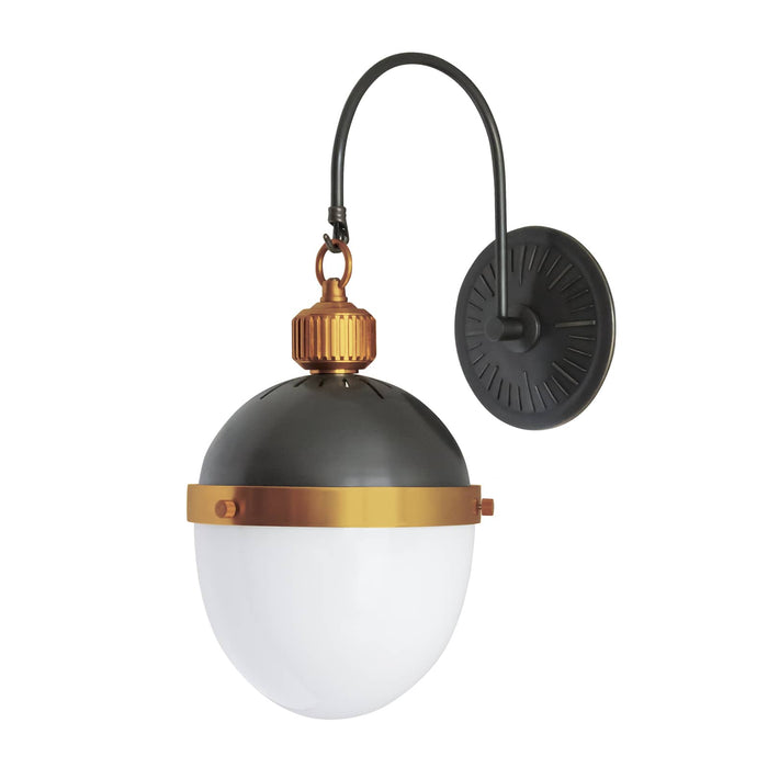 Otis Sconce with blackened brass arm, natural brass accents, and a spherical white glass shade.