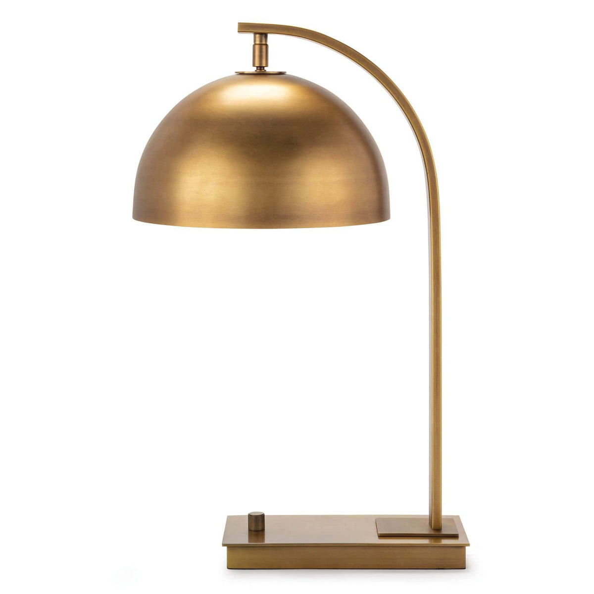 Otto Desk Lamp in natural brass with a curved neck, dome shade, and simple base.