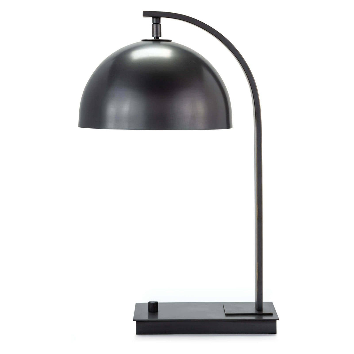 Otto desk lamp with an oil rubbed bronze finish, a curved neck, and an adjustable metal dome shade.
