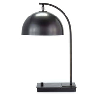 Otto desk lamp with an oil rubbed bronze finish, a curved neck, and an adjustable metal dome shade.