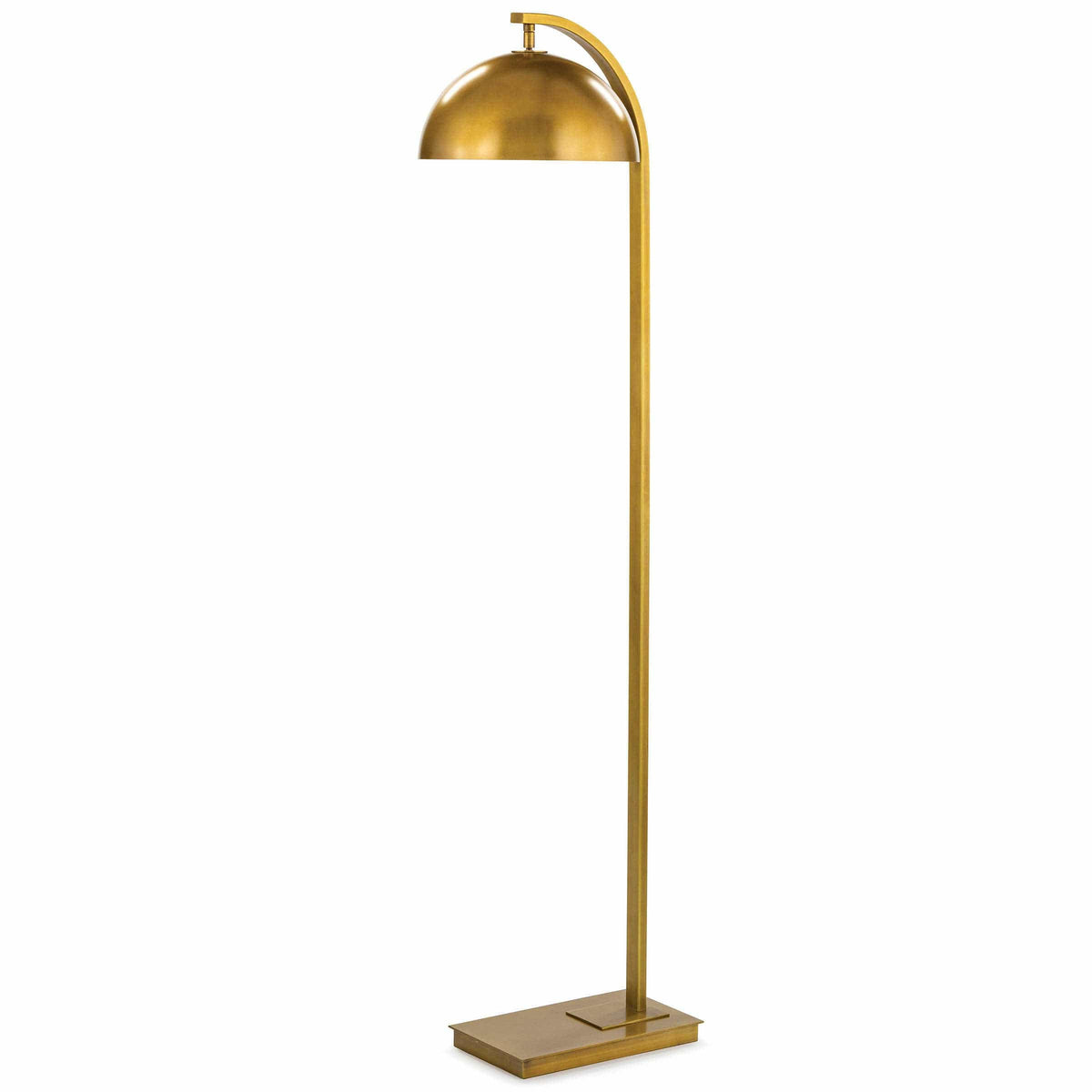 Otto floor lamp with a sleek, arching brass metal body and a swiveling dome shade.