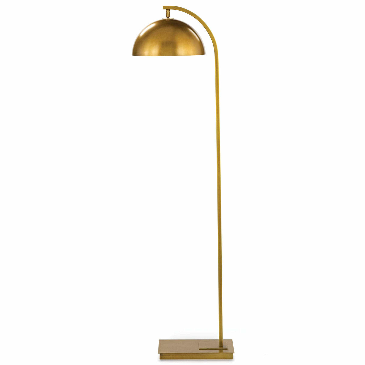 Otto modern brass floor lamp with an arching neck and swiveling dome shade.