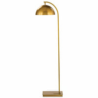 Otto modern brass floor lamp with an arching neck and swiveling dome shade.