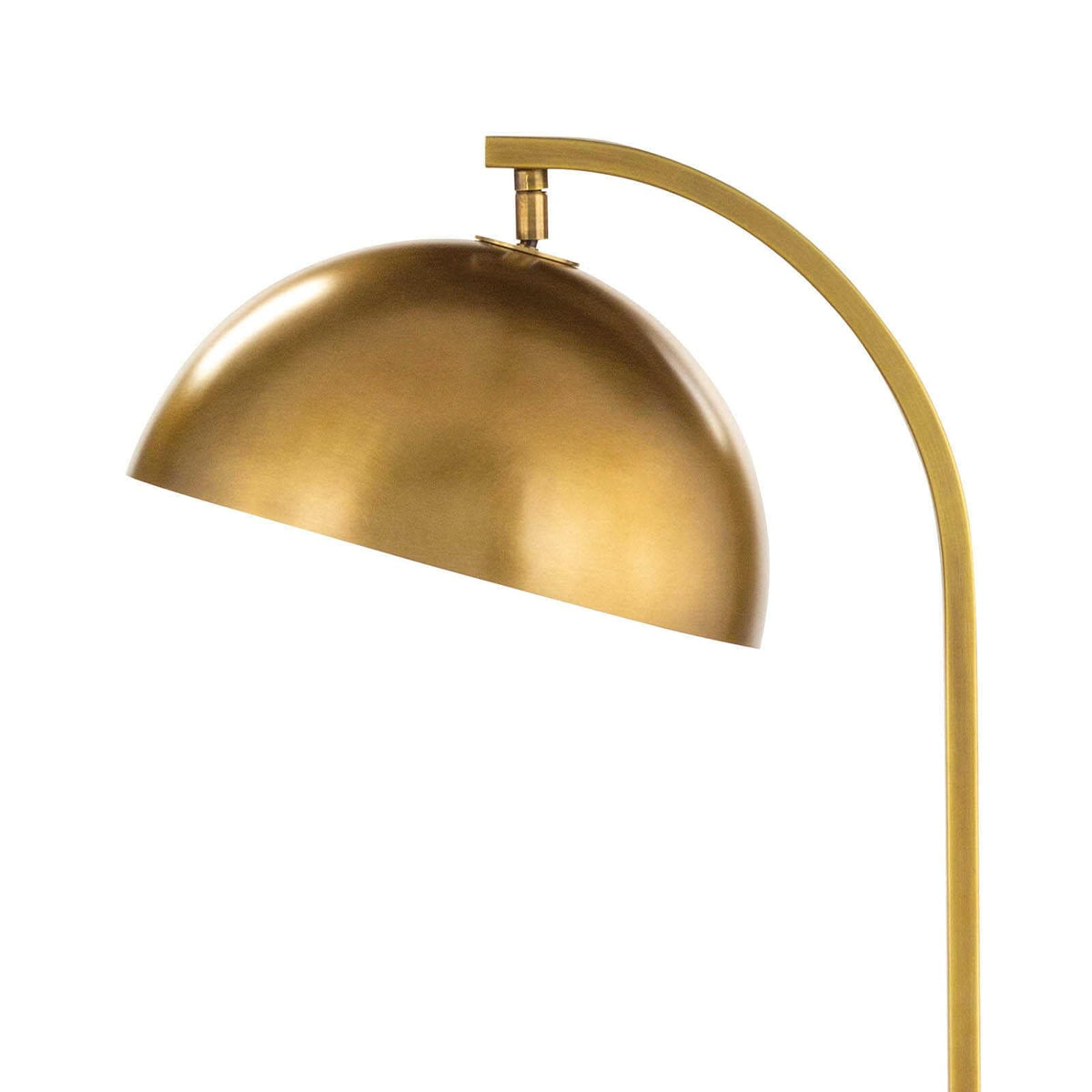 Modern Otto floor lamp with a sleek, arching brass neck and a swiveling, dome-shaped metal shade.