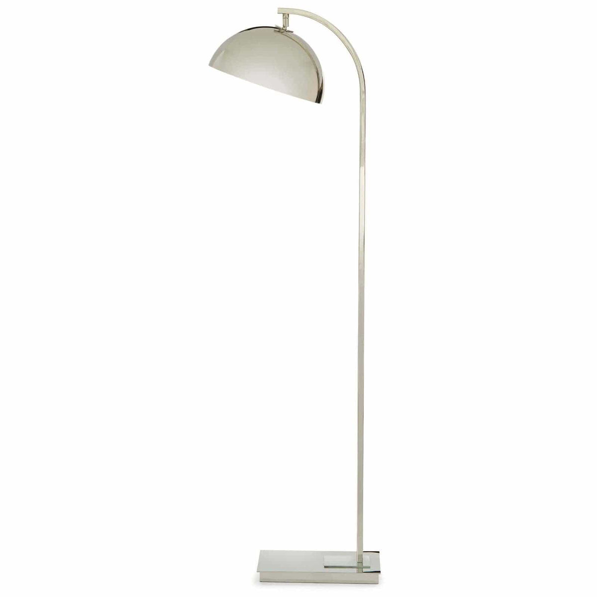 Modern Otto floor lamp with a sleek, arching chrome metal body and swiveling dome shade.