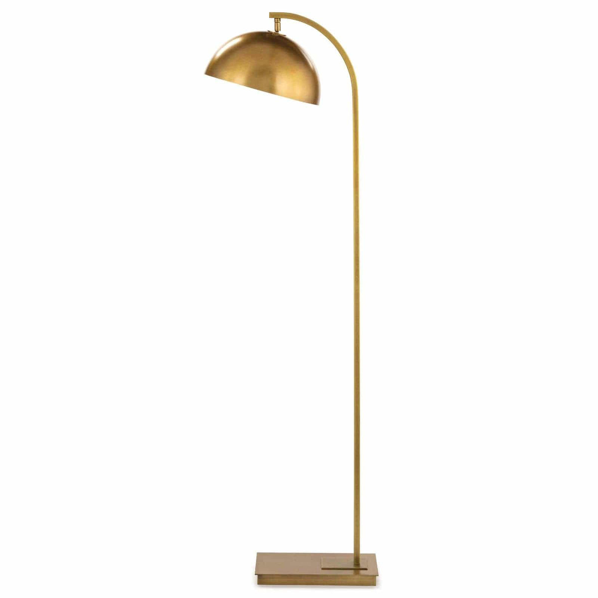 Otto modern brass floor lamp with an arching neck and swiveling dome shade.