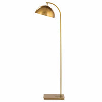 Otto modern brass floor lamp with an arching neck and swiveling dome shade.