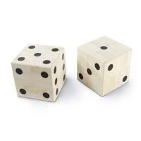 Pair of oversized, off-white bone dice with inlaid black dots, featuring a mosaic-like texture.