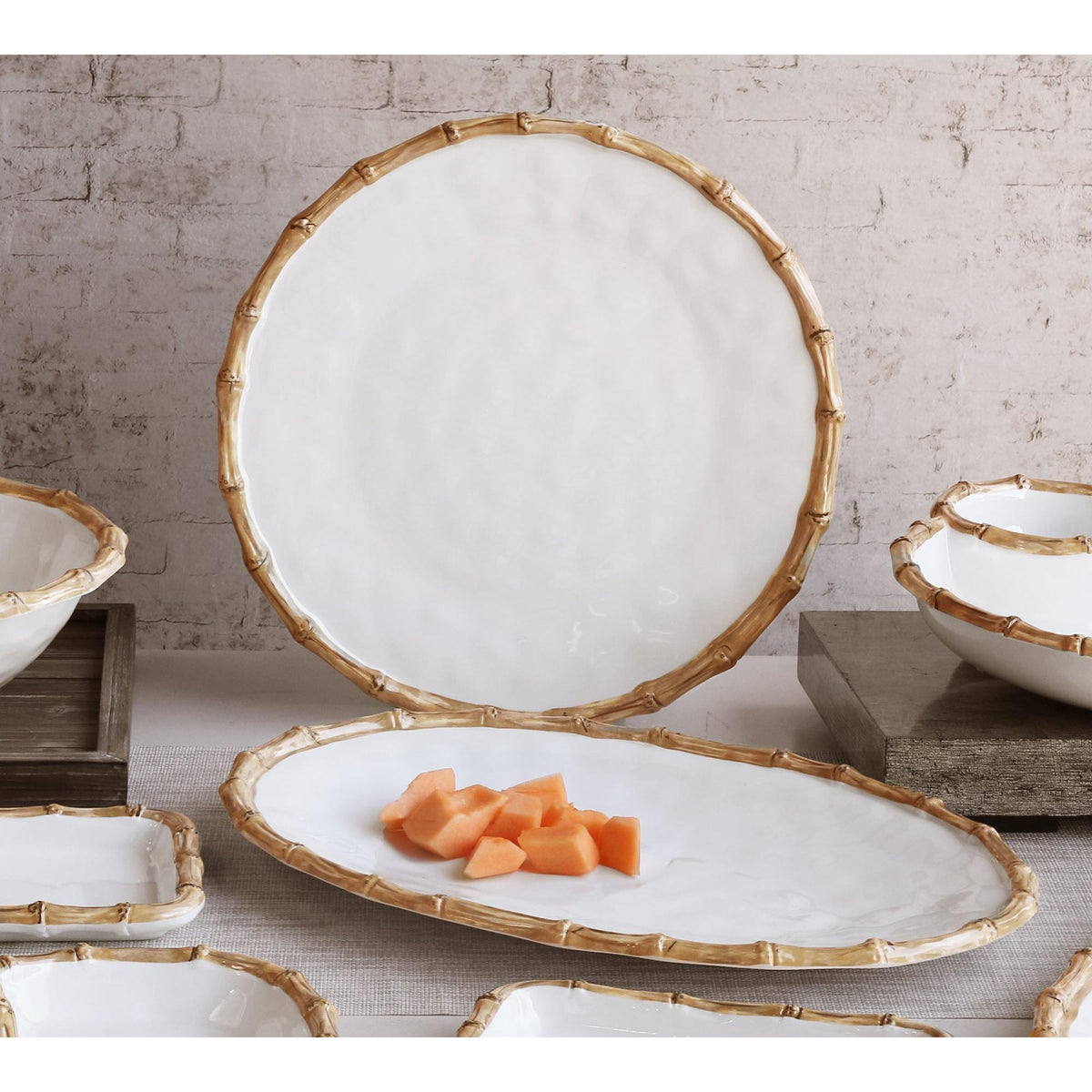 Vida Natural Bamboo & White Large Oval Serving Platter - Platter Top View | Bone & Brass
