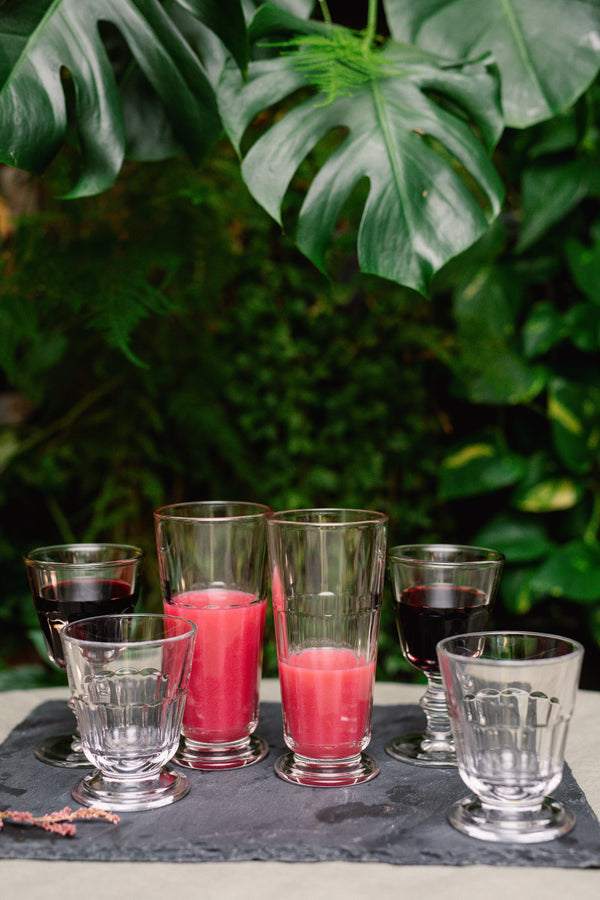 Set of glasses with pink and red drinks on a dark surface with green foliage in the background