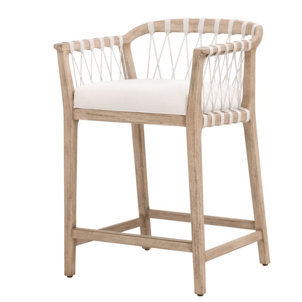 Pacific White Rope Counter Stool with light mahogany frame, white rope back, and white cushion.
