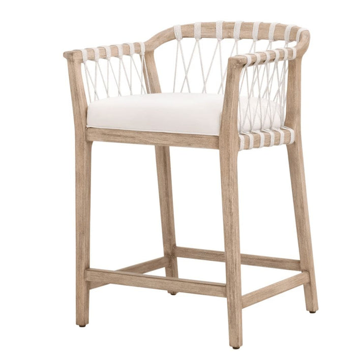 Pacific White Rope Counter Stool with light mahogany frame, white rope back, and white cushion.