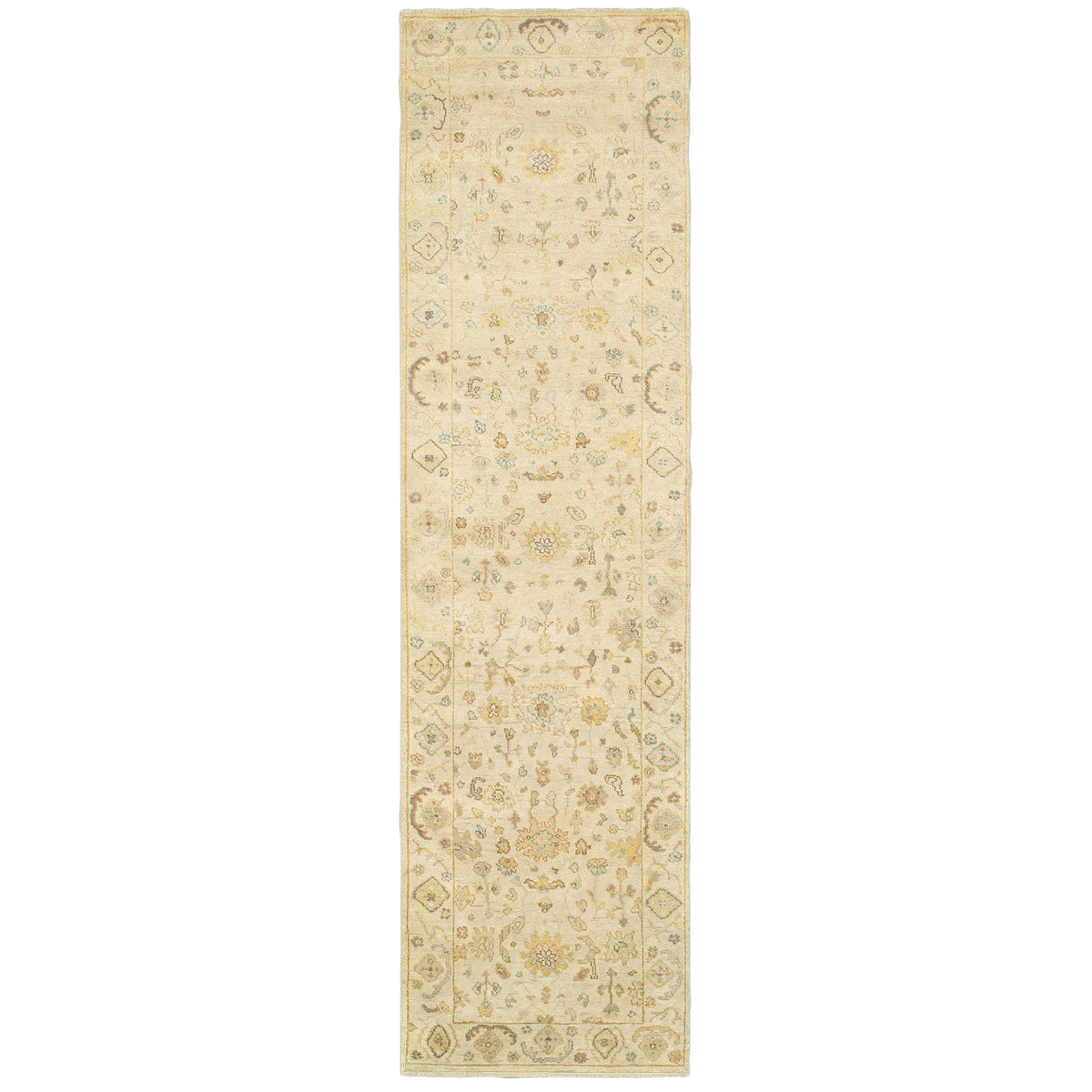 Long Palace Beige & Grey Traditional Wool Runner Rug with classic Oushak patterns.