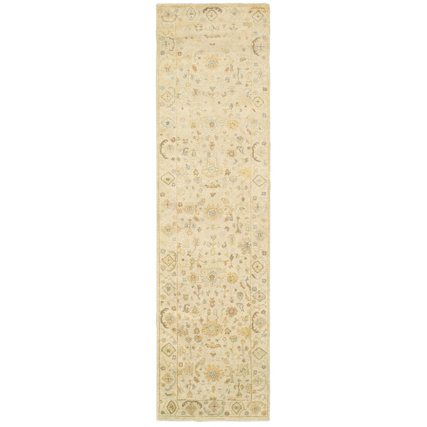 Long Palace Beige & Grey Traditional Wool Runner Rug with classic Oushak patterns.