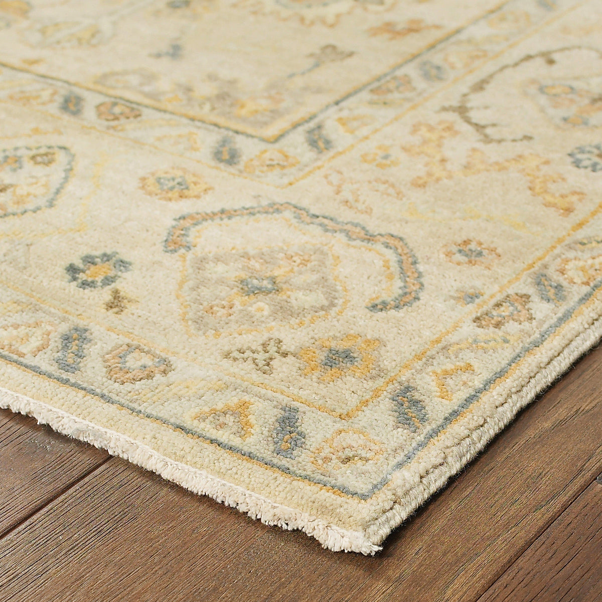 Close-up of a hand-knotted Palace Beige & Grey Traditional Wool Rug with classic Oushak patterns.