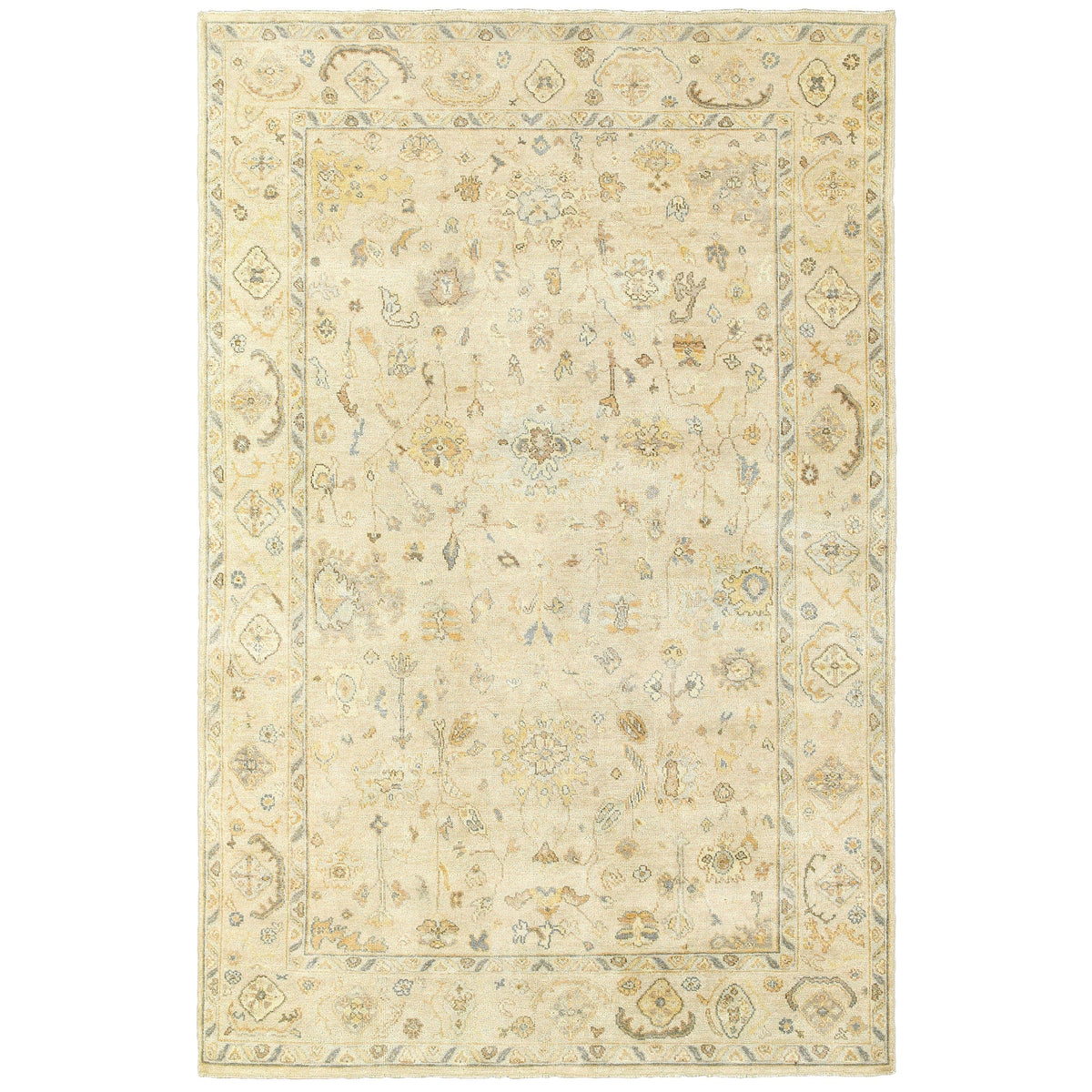 Palace Beige & Grey Traditional Rug, hand-knotted wool with classic Oushak patterns.