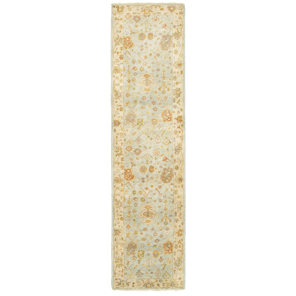 Hand-knotted Palace Blue & Sand traditional wool runner rug with classic Oushak patterns.