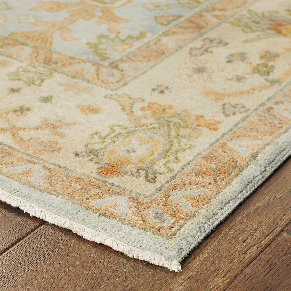 Hand-knotted Palace Blue & Sand Traditional Rug with classic Oushak patterns and soft wool texture.