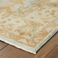 Hand-knotted Palace Blue & Sand Traditional Rug with classic Oushak patterns and soft wool texture.