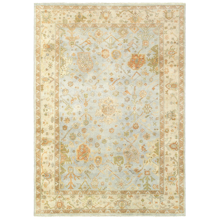 Hand-knotted Palace Blue & Sand Traditional Rug with classic Oushak patterns in soft wool.