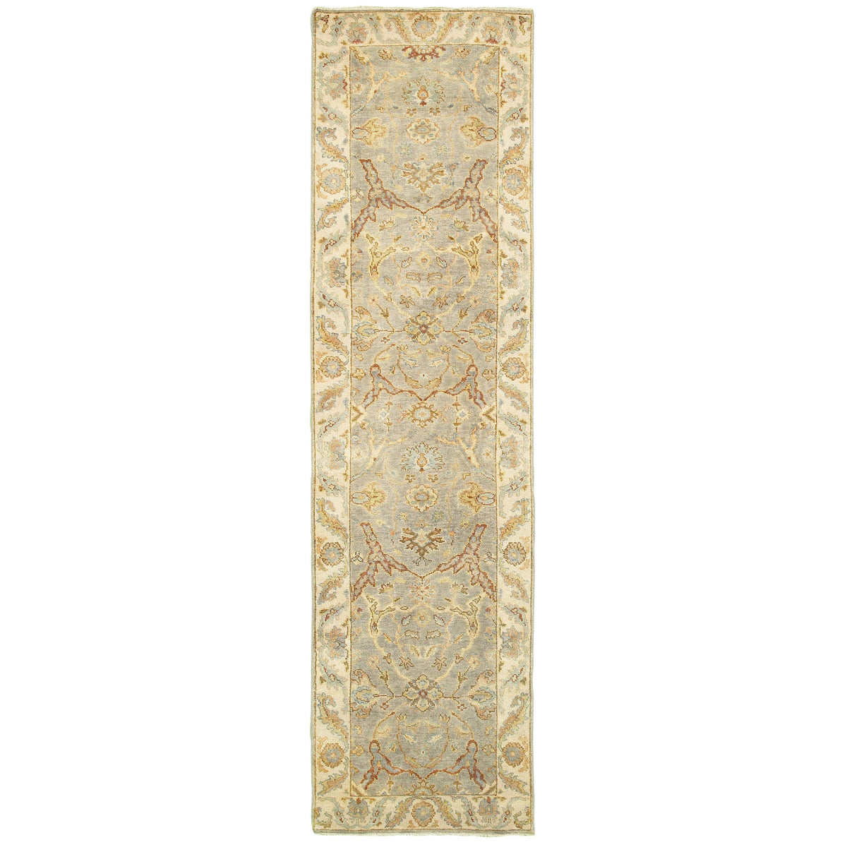Palace Grey & Beige Traditional Hand-Knotted Wool Rug with classic Oushak patterns.