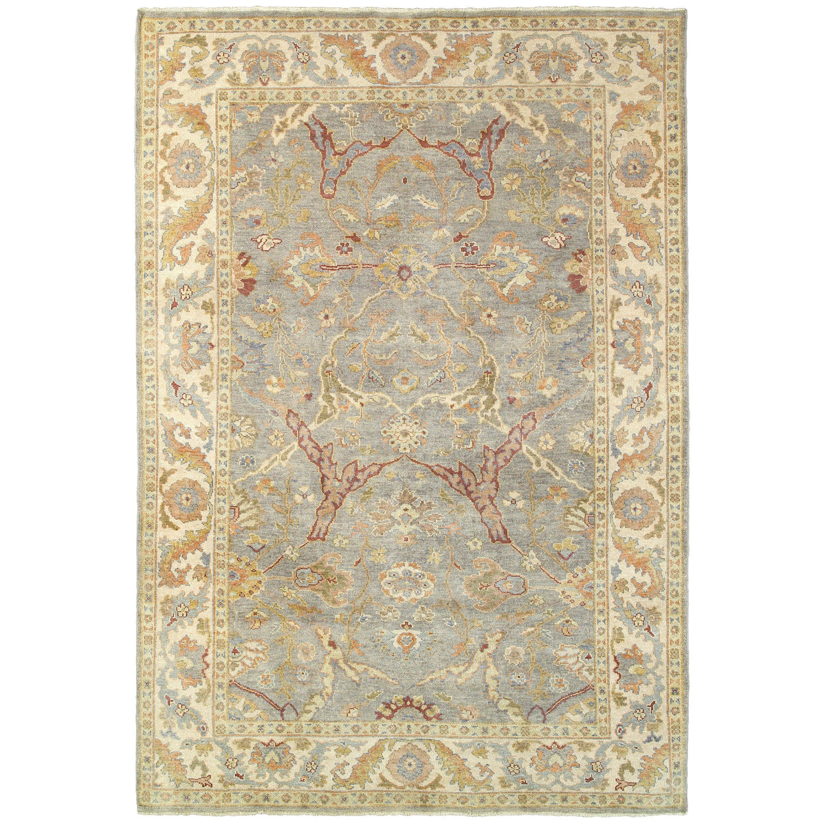 Hand-knotted Palace Grey & Beige Traditional Wool Rug with classic Oushak patterns.