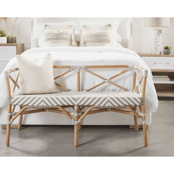 Coastal Palisades natural rattan bench with white and beige chevron woven seat and X-back design.