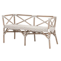 Coastal Palisades bench with natural wood frame, white rattan accents, and a gray and white chevron woven seat.