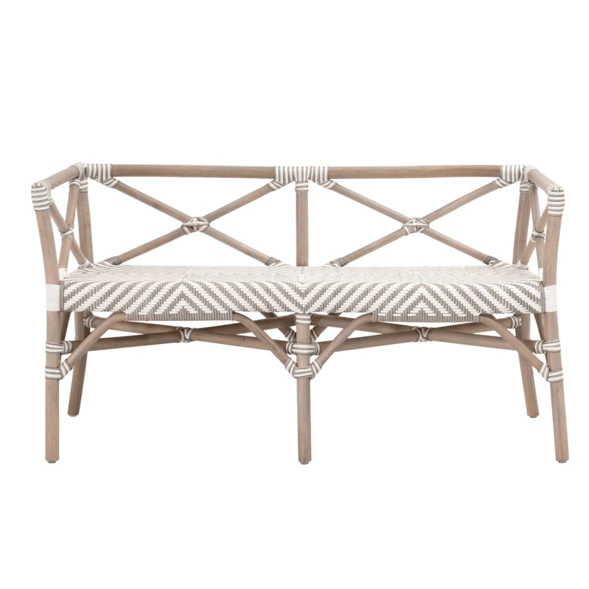 Palisades Stone & White Rattan Bench with a woven chevron seat and coastal-inspired design.