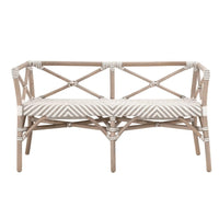 Palisades Stone & White Rattan Bench with a woven chevron seat and coastal-inspired design.
