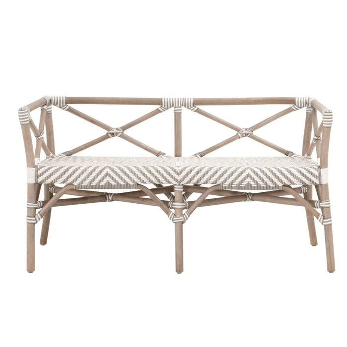 Palisades Stone & White Rattan Bench with a woven chevron seat and coastal-inspired design.