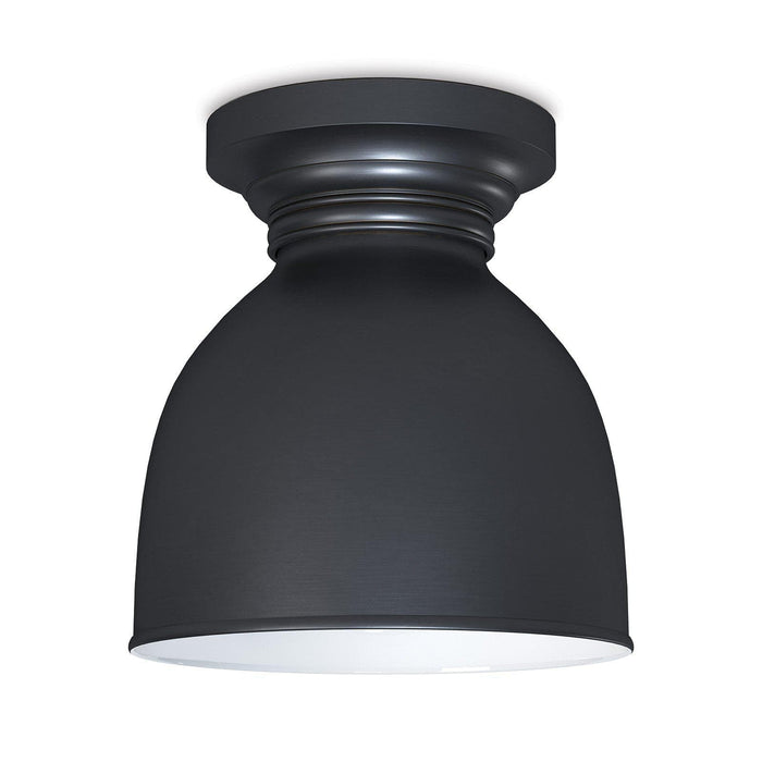 Oil rubbed bronze flush mount light with an antique-style shade and multi-layered canopy.