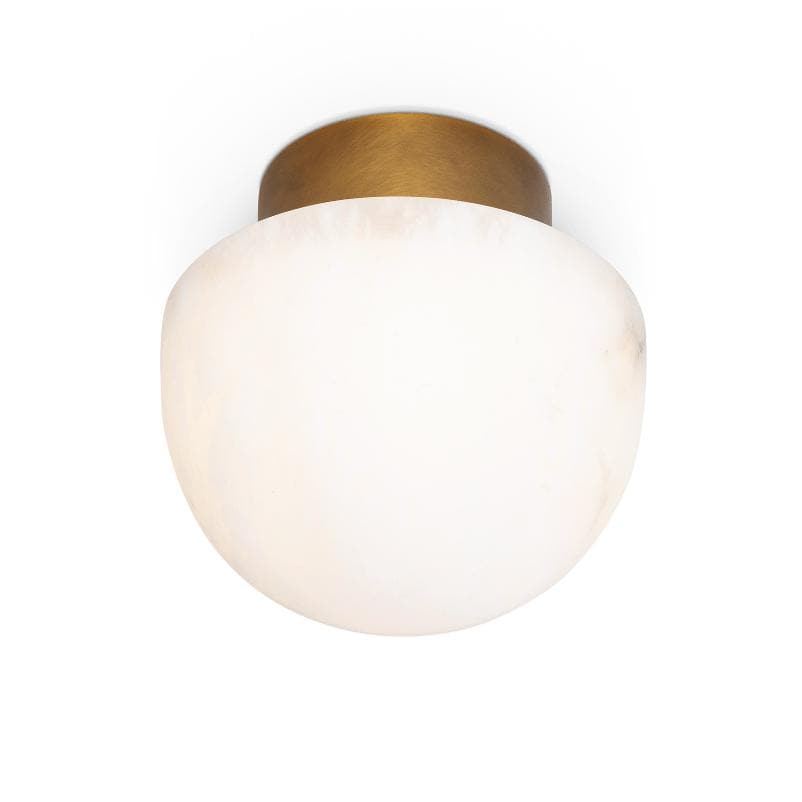 Parker Alabaster Flush Mount light with a natural brass canopy and a deco-inspired alabaster globe.