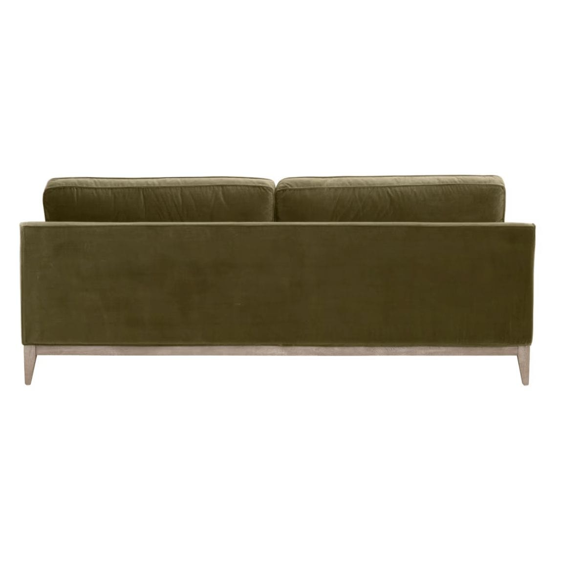 Parker 86" Post Modern Sofa with olive green velvet upholstery and natural gray oak frame.