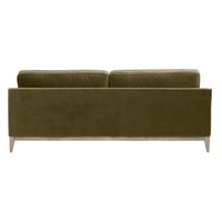 Parker 86" Post Modern Sofa with olive green velvet upholstery and natural gray oak frame.