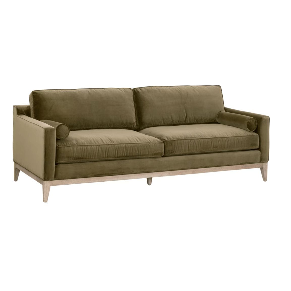 Parker 86" Post Modern Sofa with olive green velvet upholstery, natural gray oak frame, and bolster pillows.