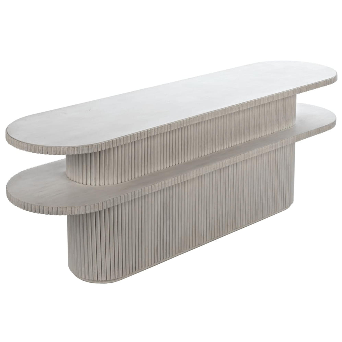 White washed oval double-tier console table with ribbed design, 84" wide.