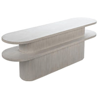 White washed oval double-tier console table with ribbed design, 84" wide.