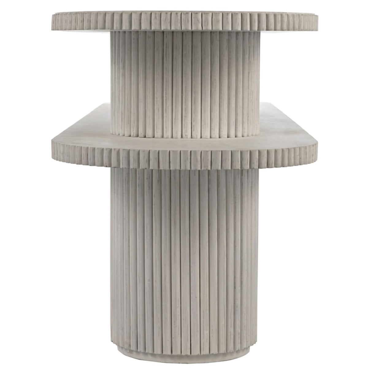White wash oval console table with double-tier design and fluted details.