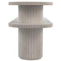 White wash oval console table with double-tier design and fluted details.