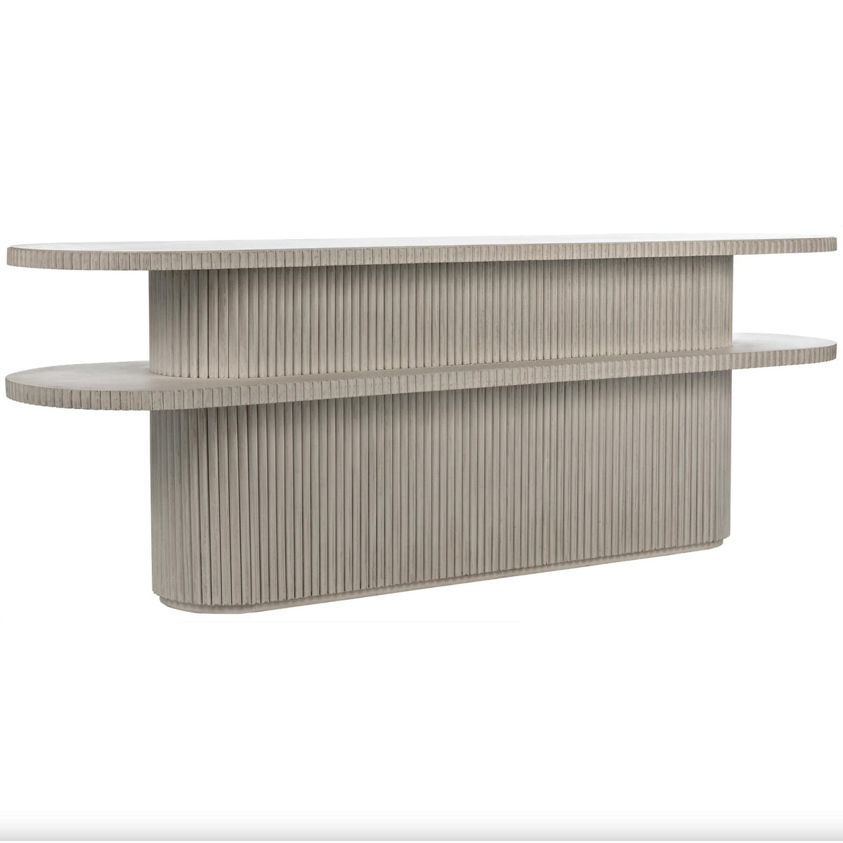 Parker Oval Console Table, whitewashed double-tier design with ribbed texture.