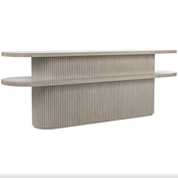 Parker Oval Console Table, whitewashed double-tier design with ribbed texture.