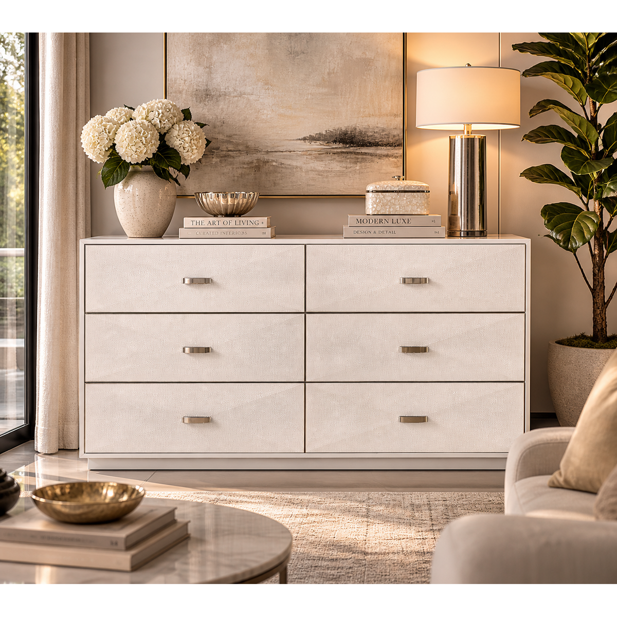 Pearl white faux shagreen 6-drawer dresser with stainless steel pulls in a modern room.
