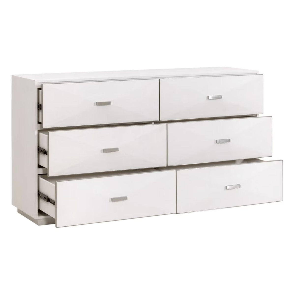 Pearl white faux shagreen 6-drawer dresser with stainless steel hardware, three drawers slightly open.