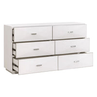 Pearl white faux shagreen 6-drawer dresser with stainless steel hardware, three drawers slightly open.