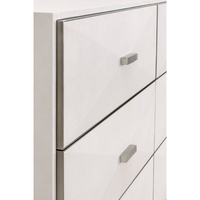 Pearl white faux shagreen 6-drawer dresser with stainless steel trim and bar pulls.