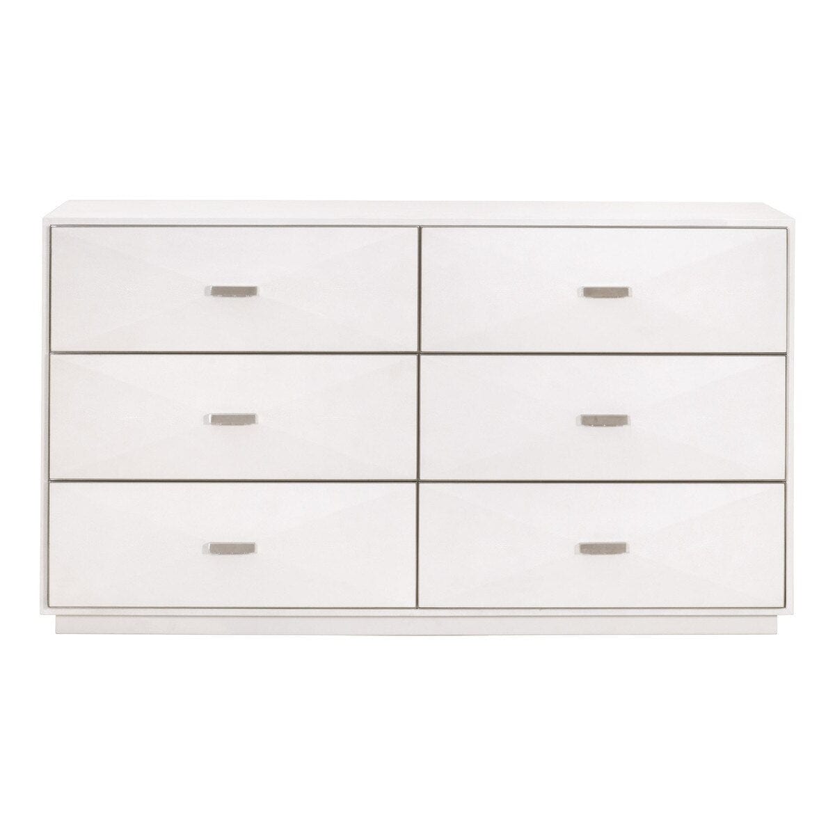 Pearl white faux shagreen 6-drawer dresser with stainless steel pulls and a modern design.
